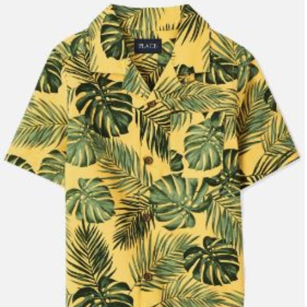 Men's Tropical Leaf Poplin Button Up Shirt - Sunset Gold